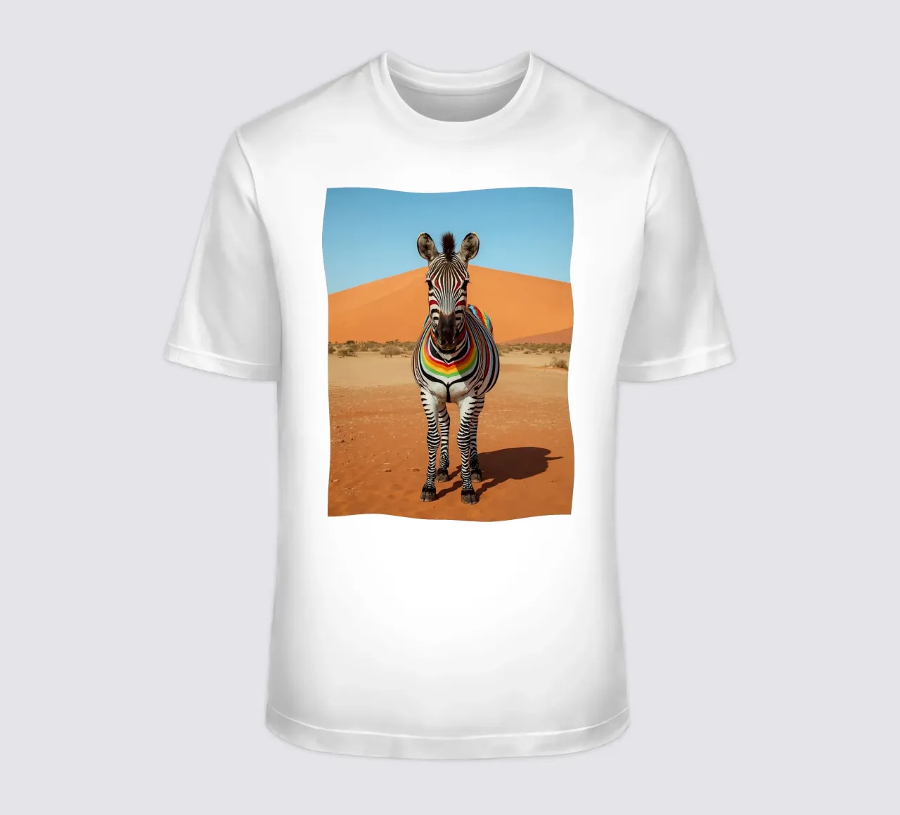 Zebra a strisce arcobaleno in un paesaggio desertico t-shirt da DesignDoodle