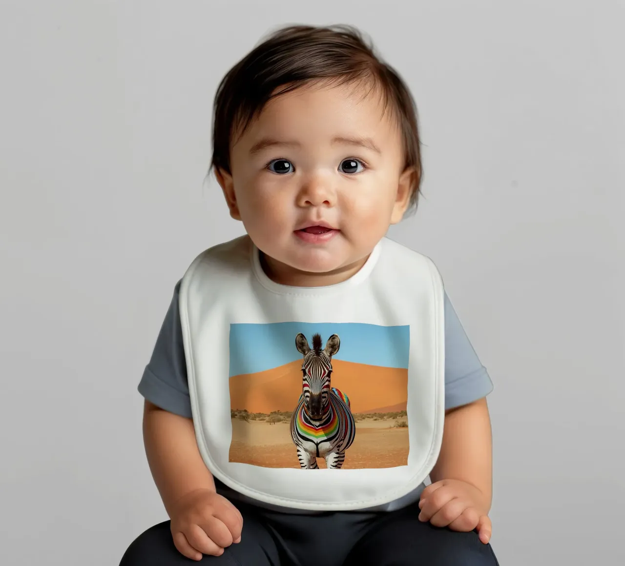 Zebra a strisce arcobaleno in un paesaggio desertico bavaglino da DesignDoodle