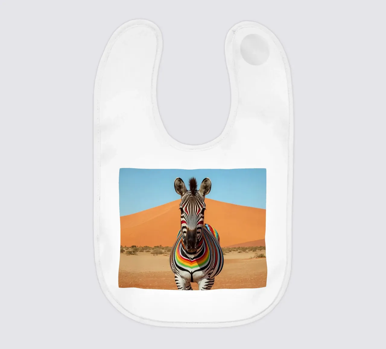 Zebra a strisce arcobaleno in un paesaggio desertico bavaglino da DesignDoodle