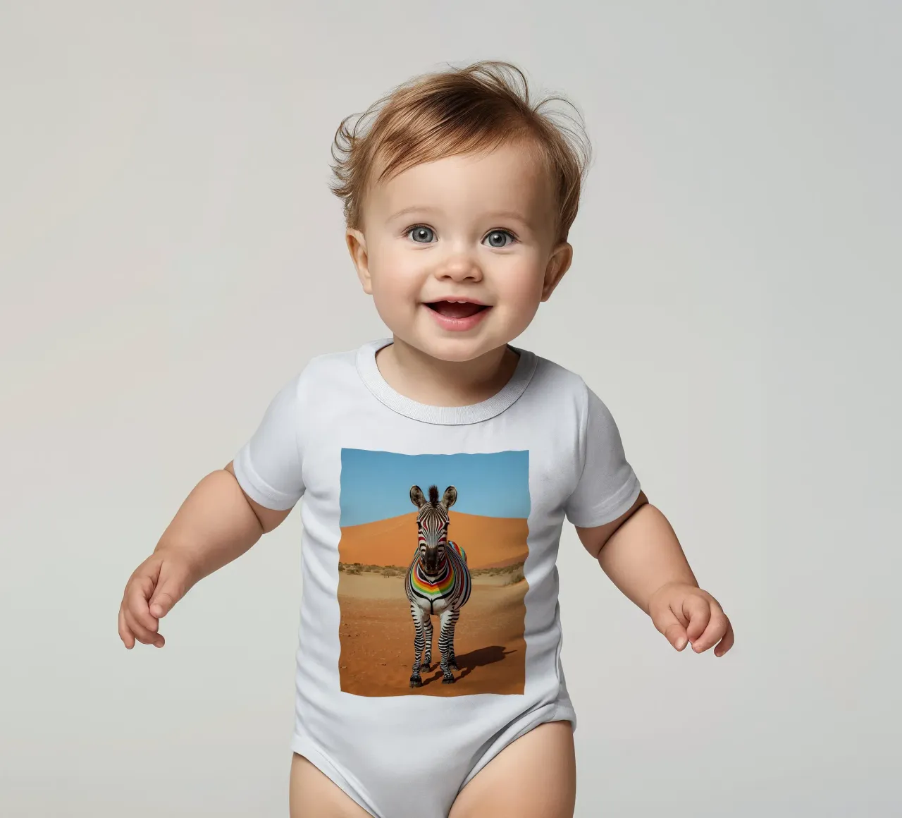 Zebra a strisce arcobaleno in un paesaggio desertico body neonato maniche corte da DesignDoodle