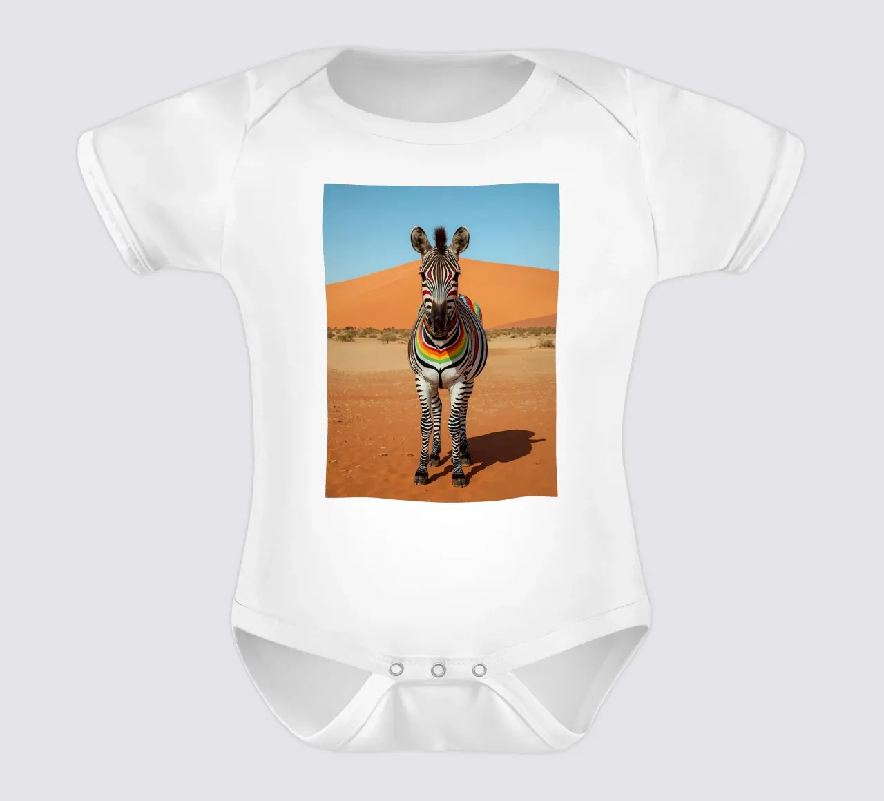 Zebra a strisce arcobaleno in un paesaggio desertico body neonato maniche corte da DesignDoodle