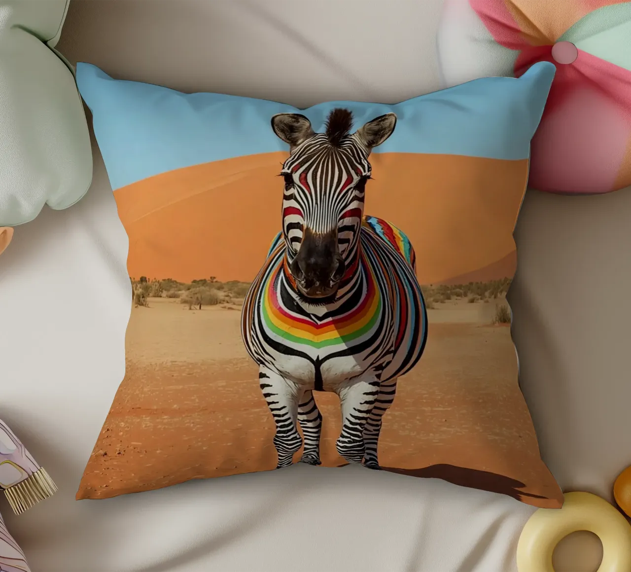 Zebra a strisce arcobaleno in un paesaggio desertico cuscino da DesignDoodle