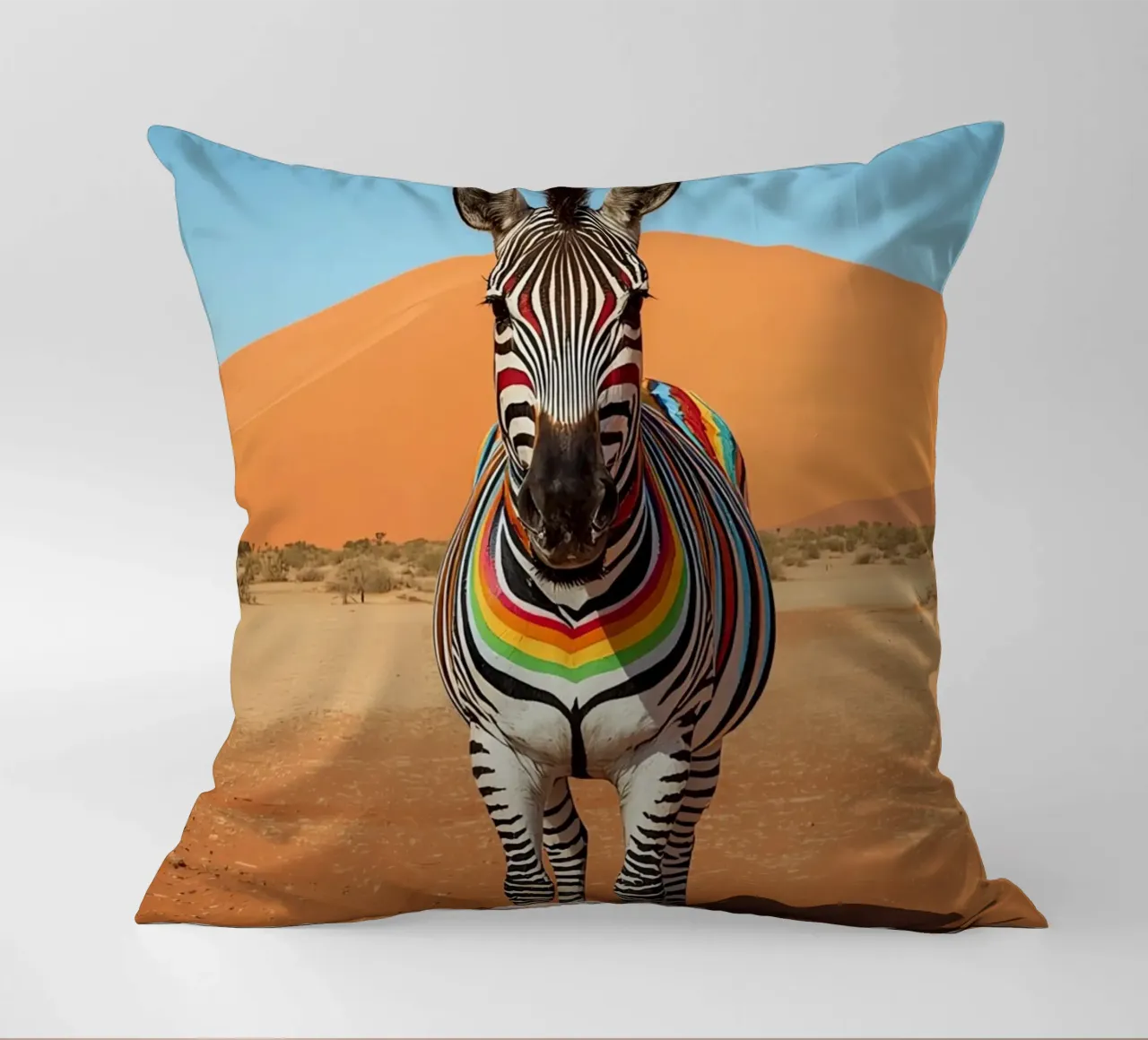 Zebra a strisce arcobaleno in un paesaggio desertico cuscino da DesignDoodle