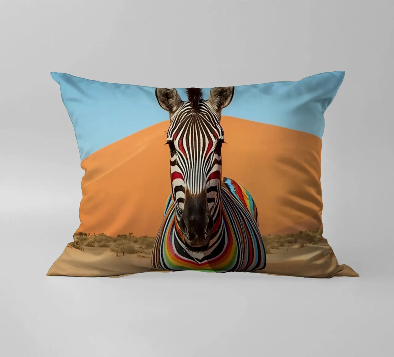 Zebra a strisce arcobaleno in un paesaggio desertico cuscino da DesignDoodle