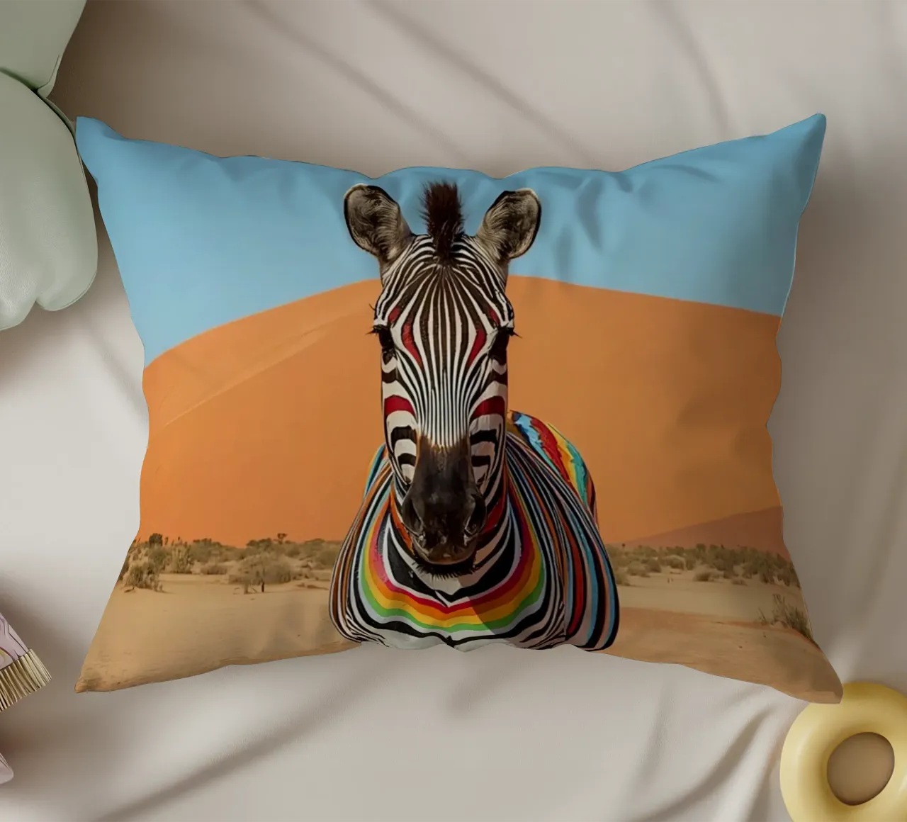 Zebra a strisce arcobaleno in un paesaggio desertico cuscino da DesignDoodle