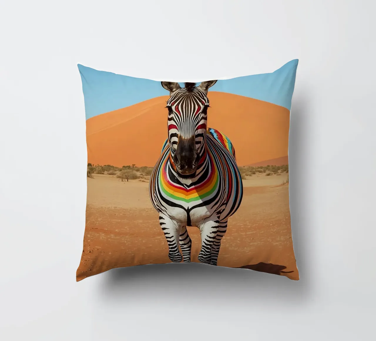 Zebra a strisce arcobaleno in un paesaggio desertico cuscino da DesignDoodle