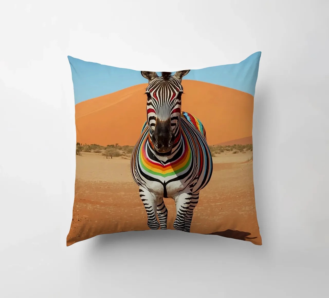 Zebra a strisce arcobaleno in un paesaggio desertico cuscino da DesignDoodle
