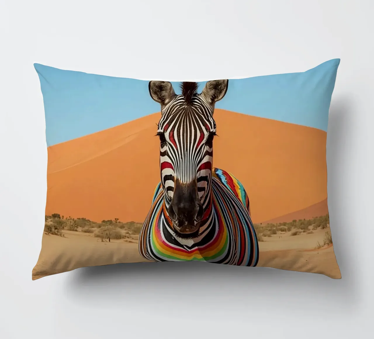 Zebra a strisce arcobaleno in un paesaggio desertico cuscino da DesignDoodle