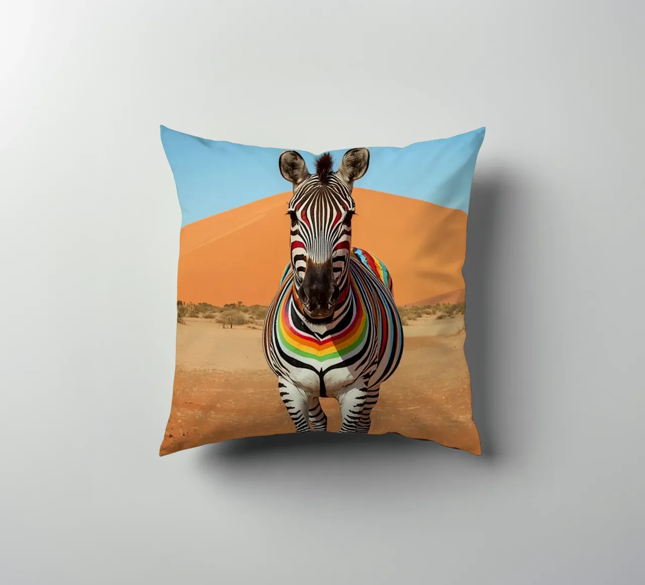 Zebra a strisce arcobaleno in un paesaggio desertico cuscino da DesignDoodle