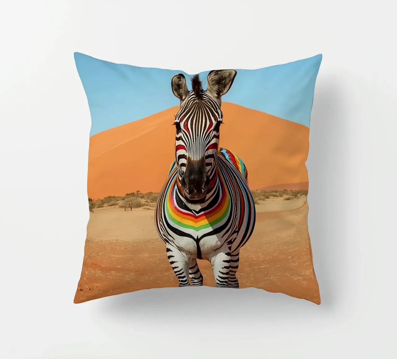 Zebra a strisce arcobaleno in un paesaggio desertico cuscino da DesignDoodle