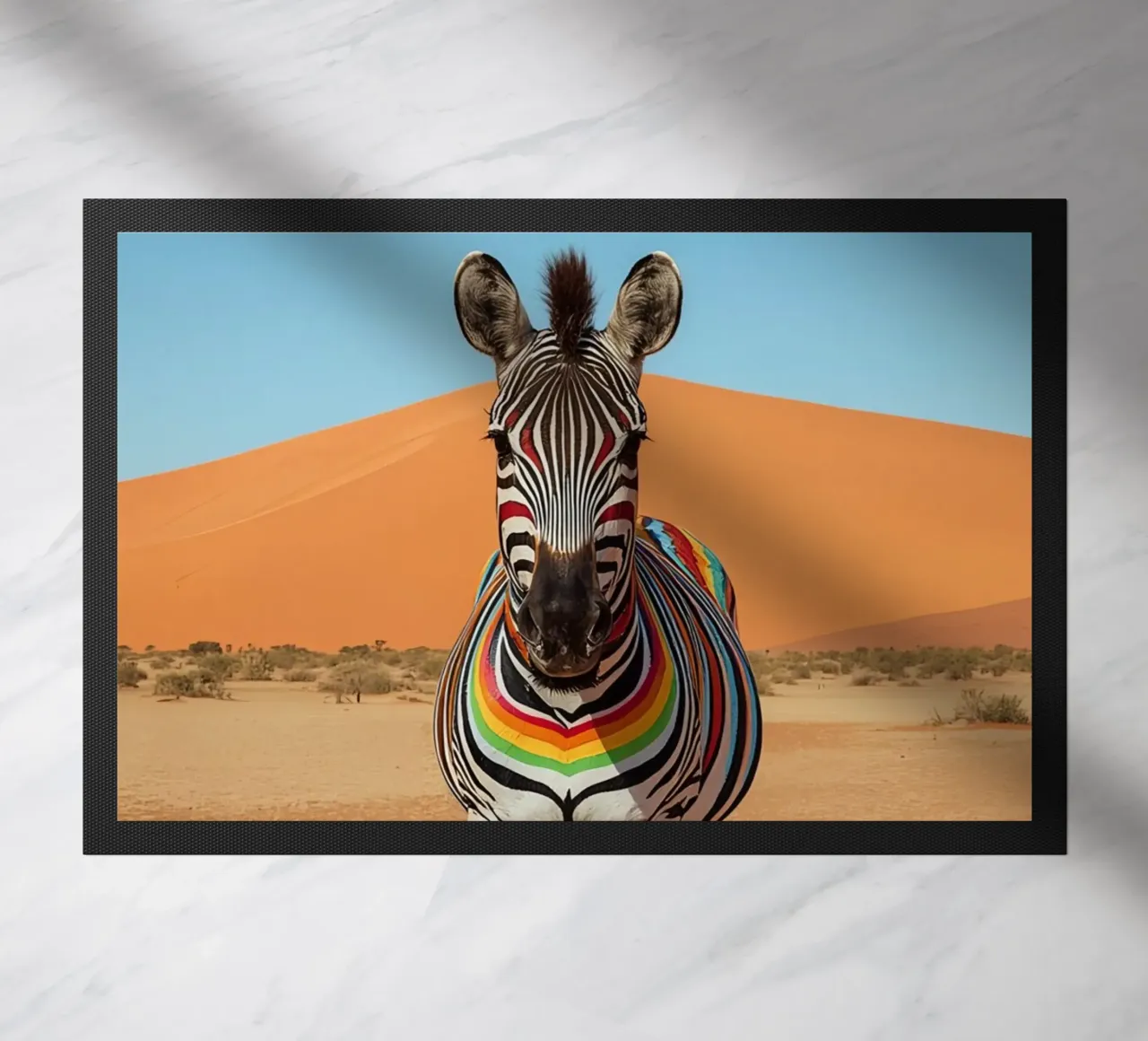 Zebra a strisce arcobaleno in un paesaggio desertico zerbino da DesignDoodle