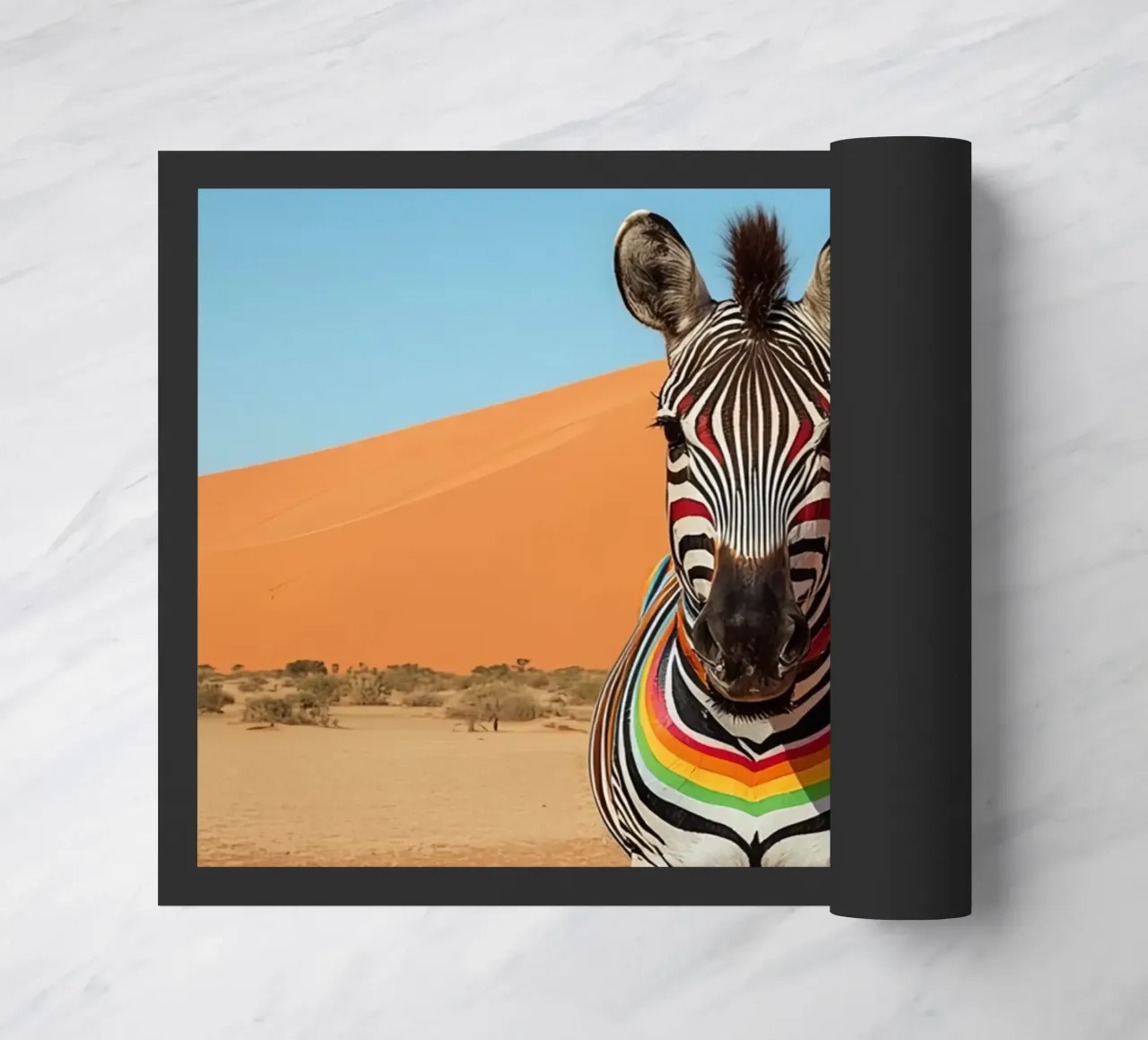 Zebra a strisce arcobaleno in un paesaggio desertico zerbino da DesignDoodle