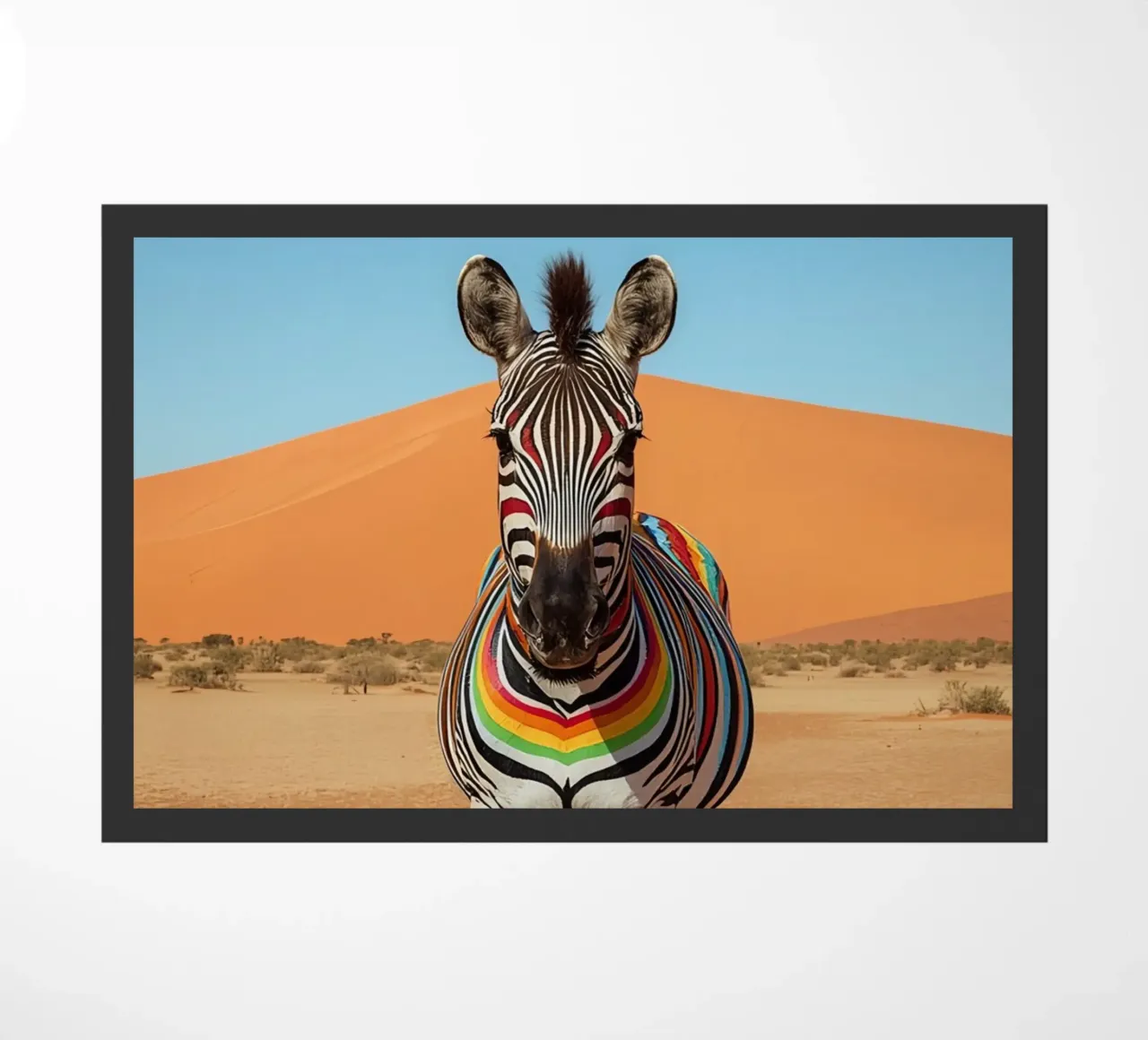 Zebra a strisce arcobaleno in un paesaggio desertico zerbino da DesignDoodle