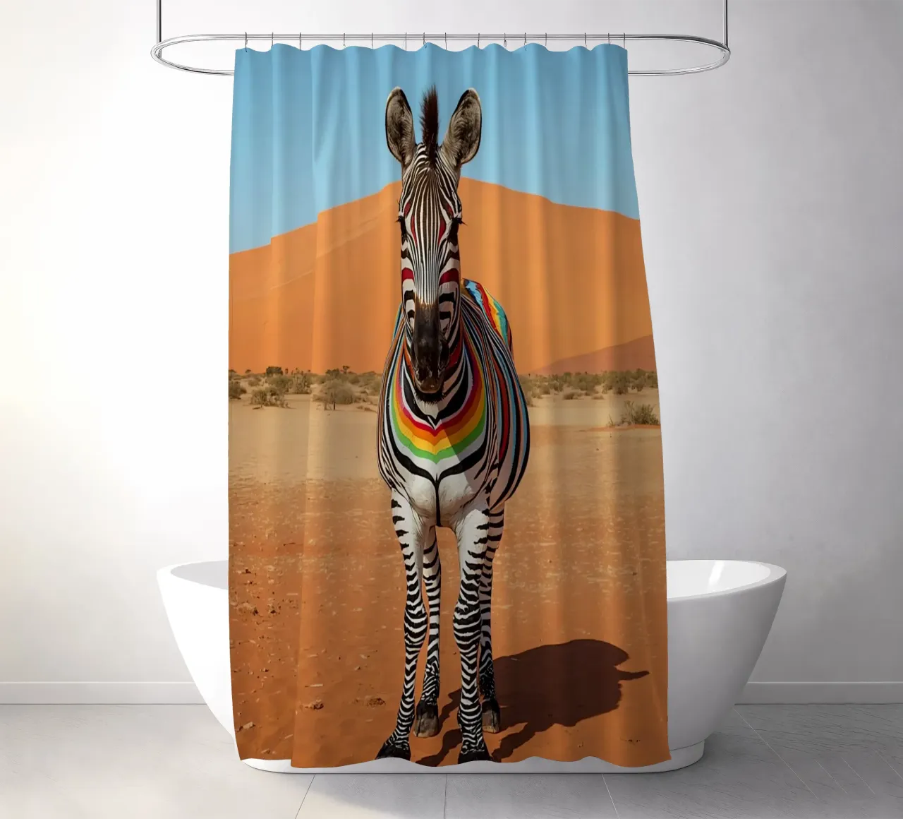 Zebra a strisce arcobaleno in un paesaggio desertico tenda da doccia da DesignDoodle