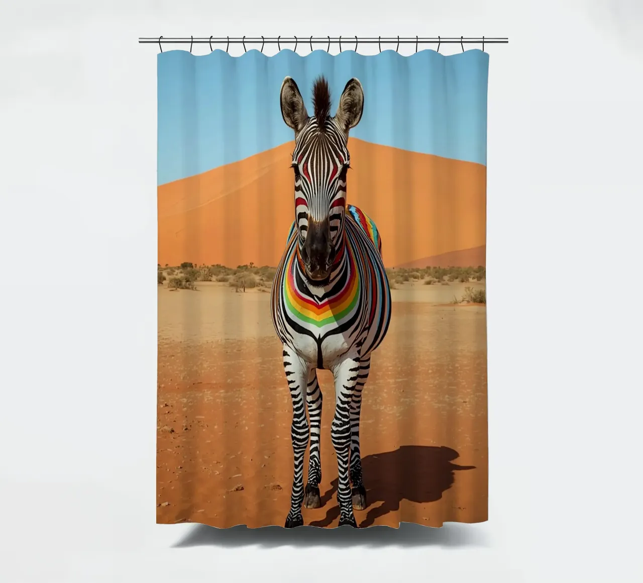 Zebra a strisce arcobaleno in un paesaggio desertico tenda da doccia da DesignDoodle
