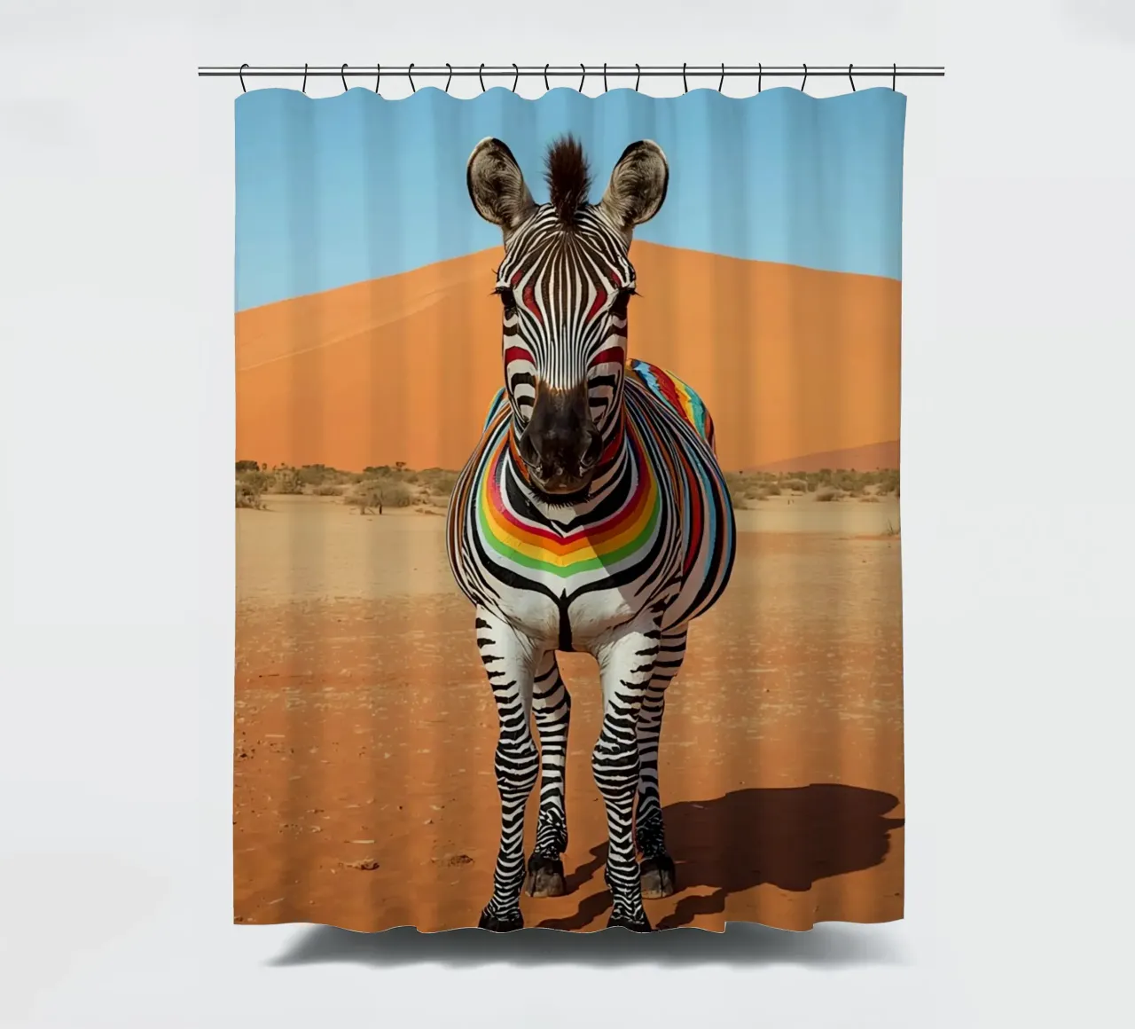Zebra a strisce arcobaleno in un paesaggio desertico tenda da doccia da DesignDoodle