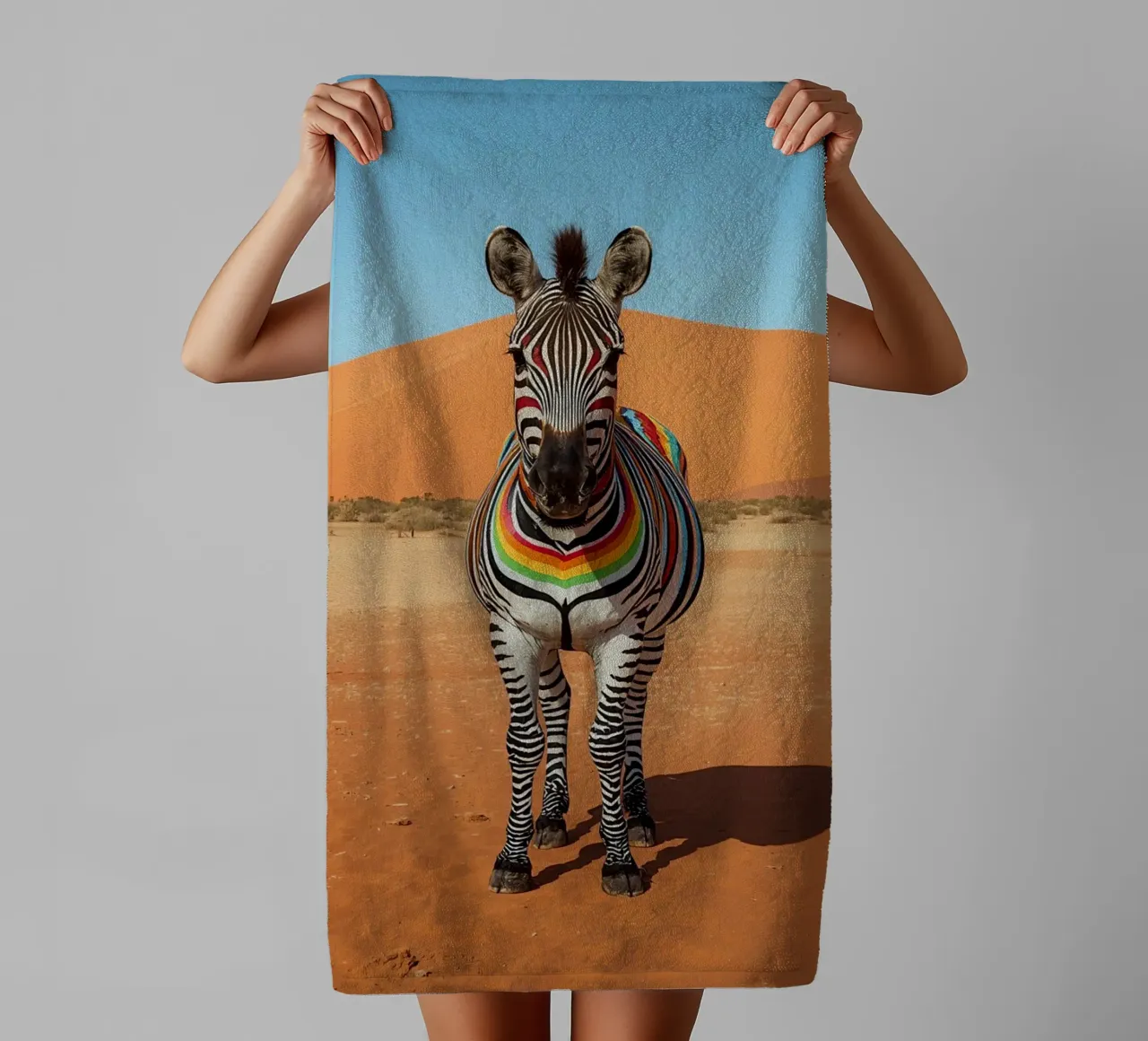 Zebra a strisce arcobaleno in un paesaggio desertico asciugamano da bagno da DesignDoodle