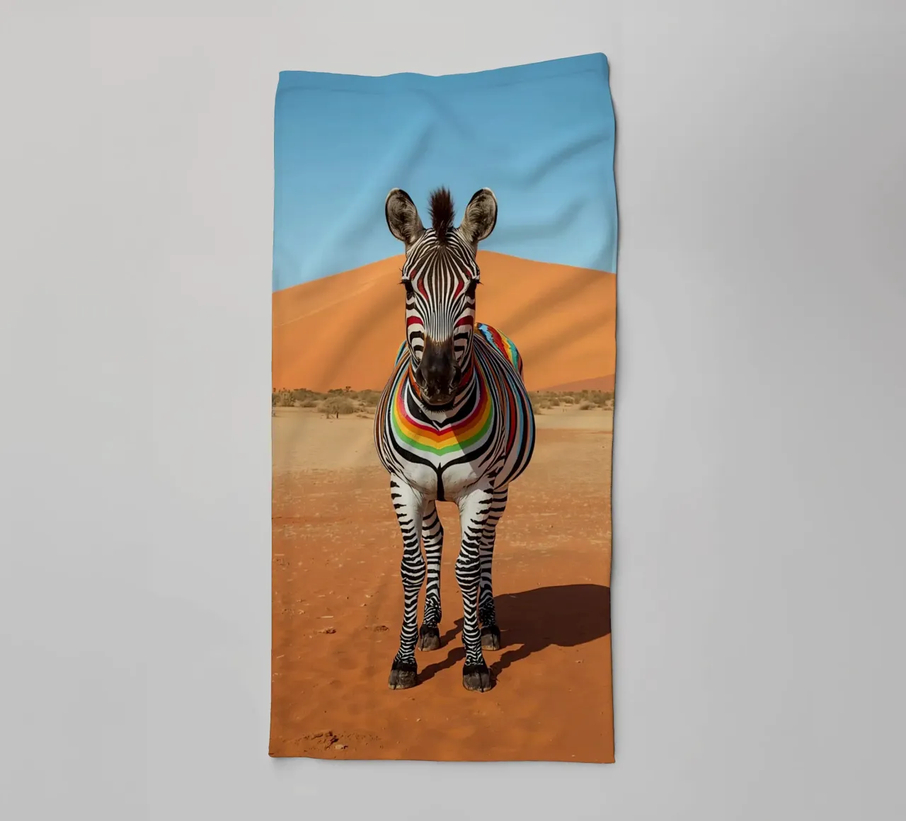 Zebra a strisce arcobaleno in un paesaggio desertico asciugamano da bagno da DesignDoodle