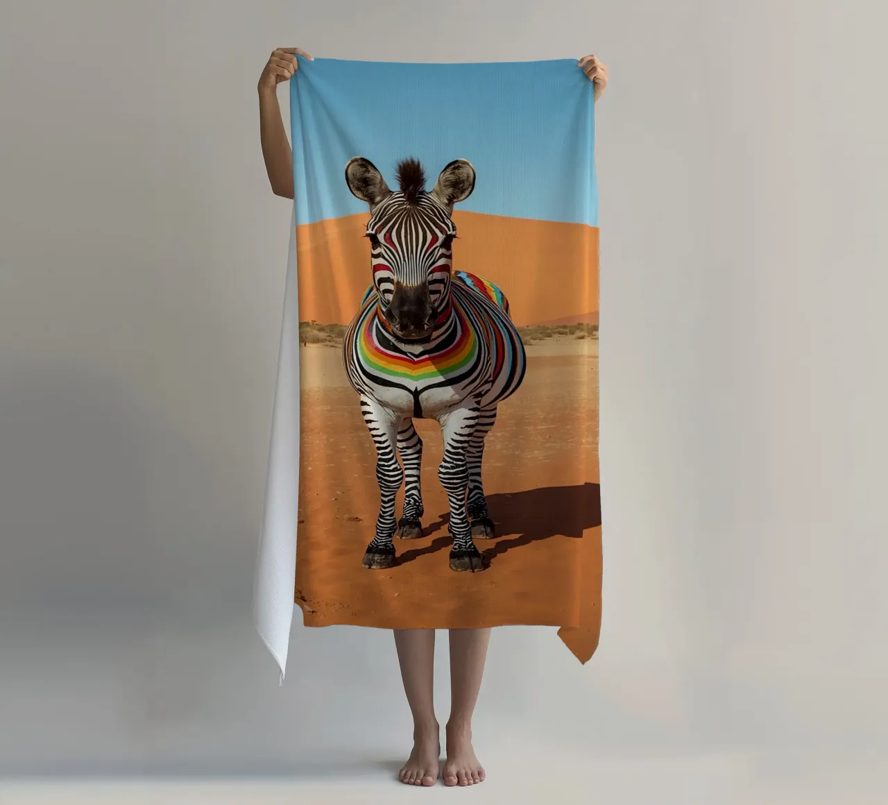 Zebra a strisce arcobaleno in un paesaggio desertico telo mare da DesignDoodle