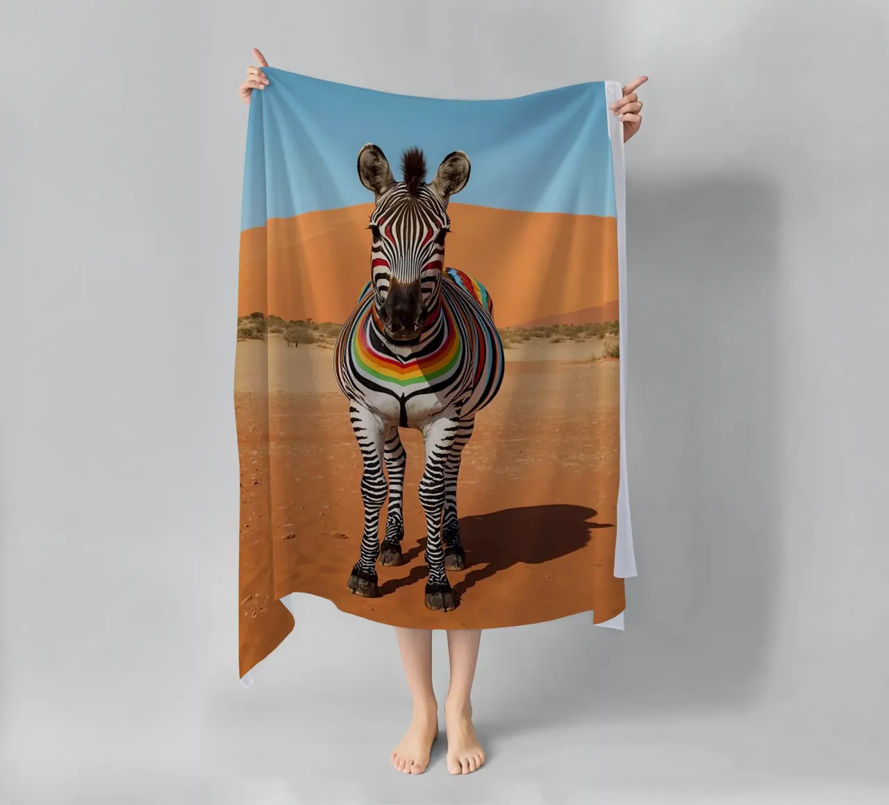 Zebra a strisce arcobaleno in un paesaggio desertico telo mare da DesignDoodle