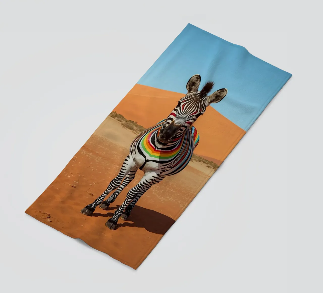 Zebra a strisce arcobaleno in un paesaggio desertico telo mare da DesignDoodle