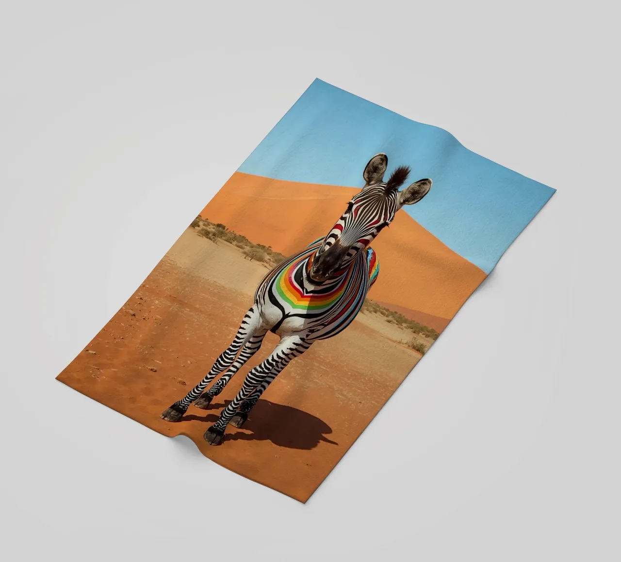 Zebra a strisce arcobaleno in un paesaggio desertico telo mare da DesignDoodle