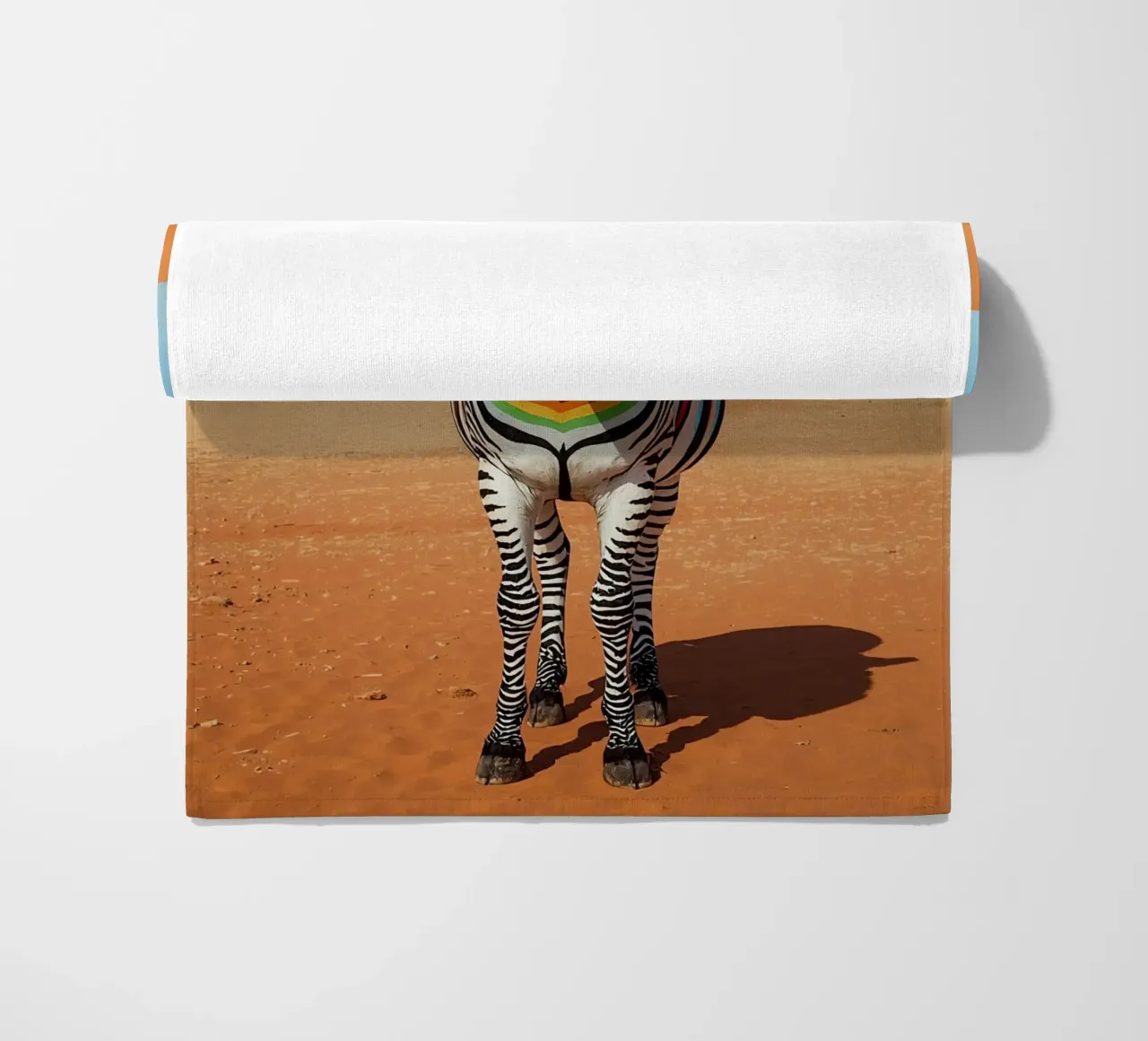 Zebra a strisce arcobaleno in un paesaggio desertico telo mare da DesignDoodle