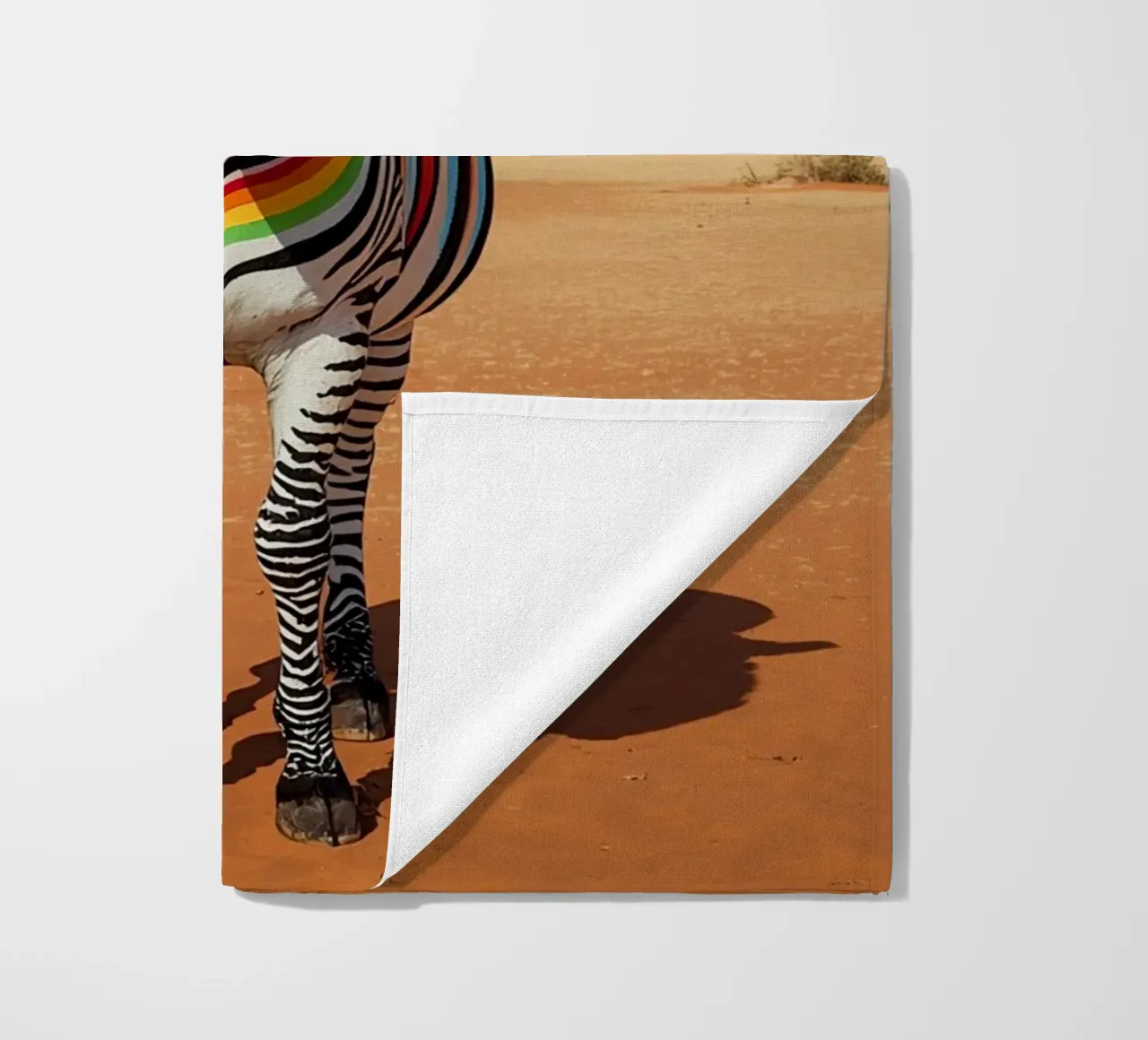 Zebra a strisce arcobaleno in un paesaggio desertico telo mare da DesignDoodle