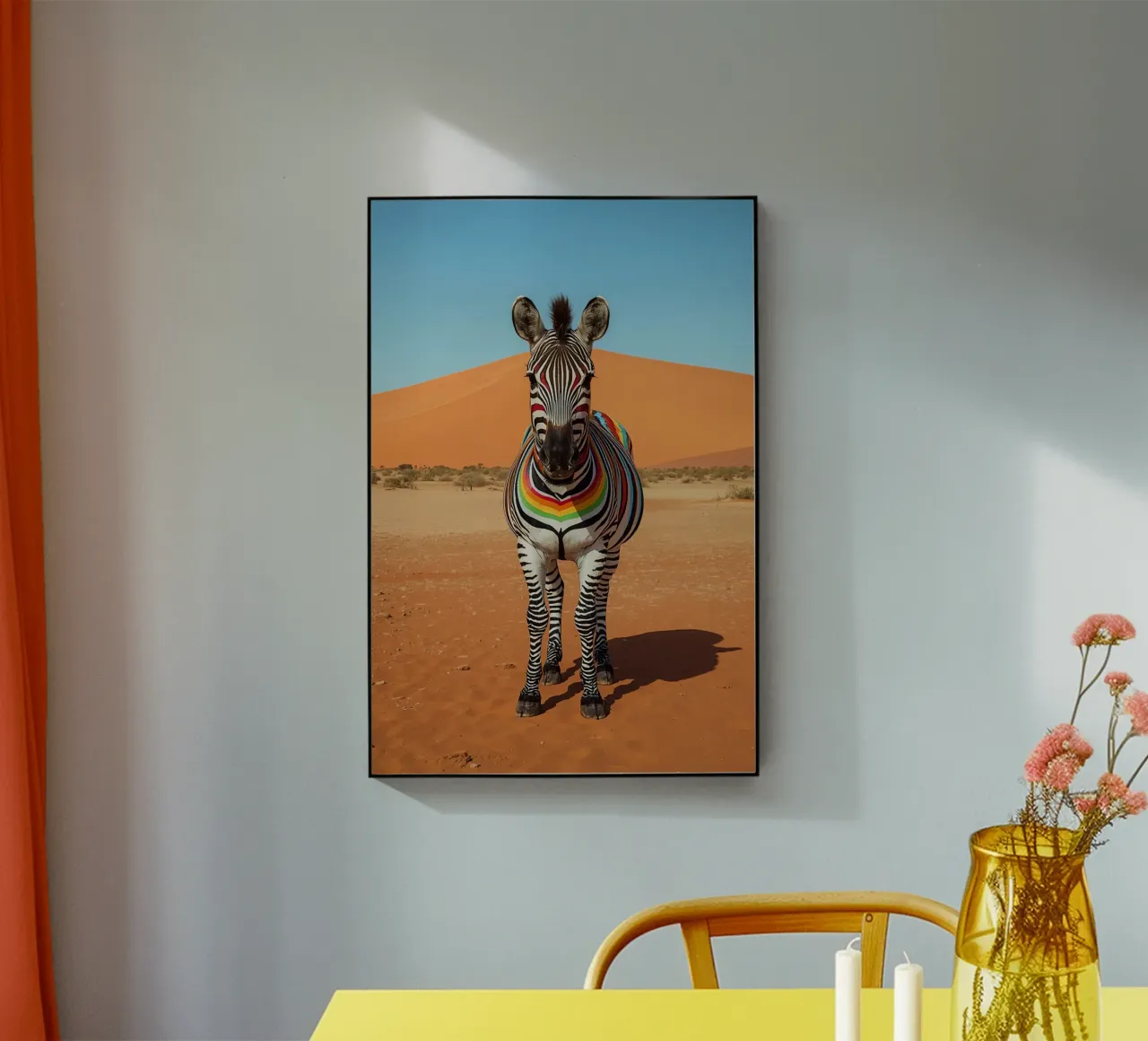 Zebra a strisce arcobaleno in un paesaggio desertico plexiglass da DesignDoodle