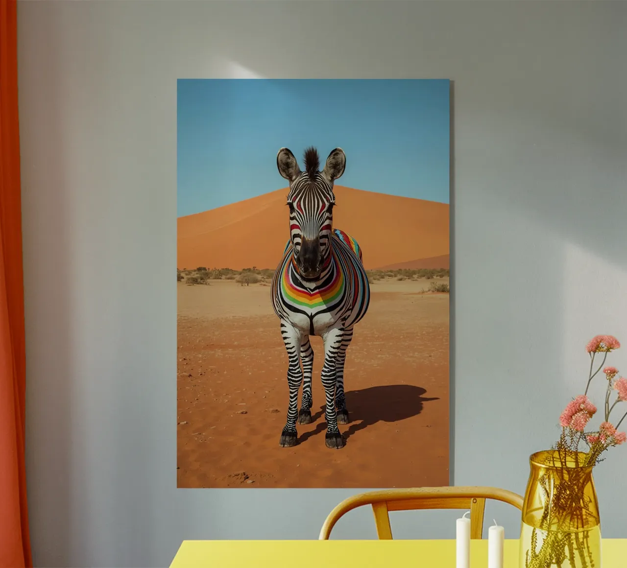 Zebra a strisce arcobaleno in un paesaggio desertico plexiglass da DesignDoodle