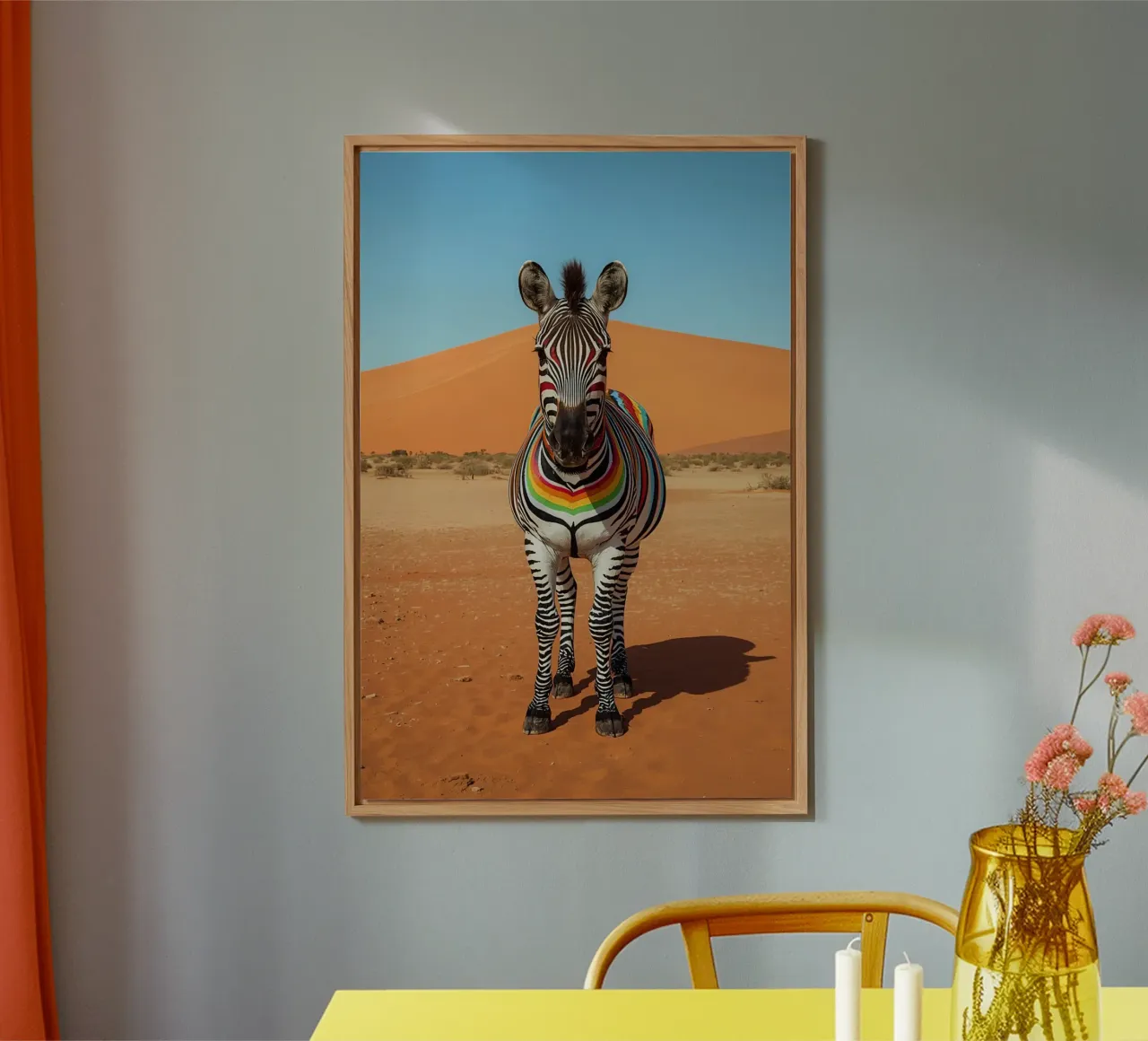 Zebra a strisce arcobaleno in un paesaggio desertico alluminio dibond da DesignDoodle