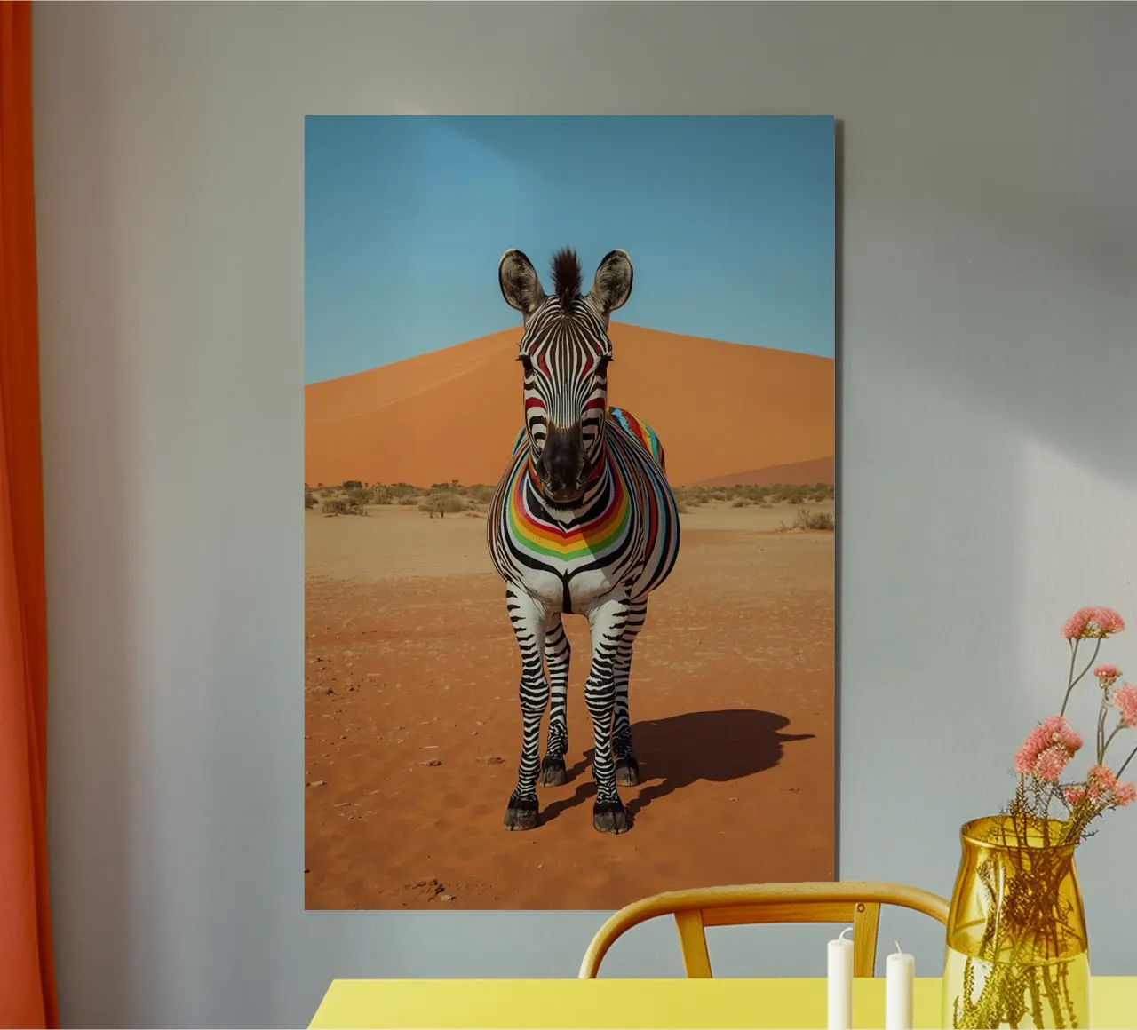 Zebra a strisce arcobaleno in un paesaggio desertico alluminio dibond da DesignDoodle