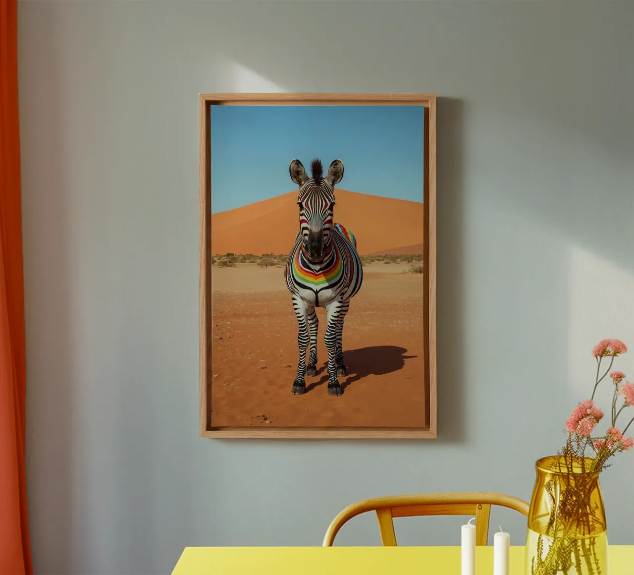 Zebra a strisce arcobaleno in un paesaggio desertico tela con Cornice a cassetta da DesignDoodle