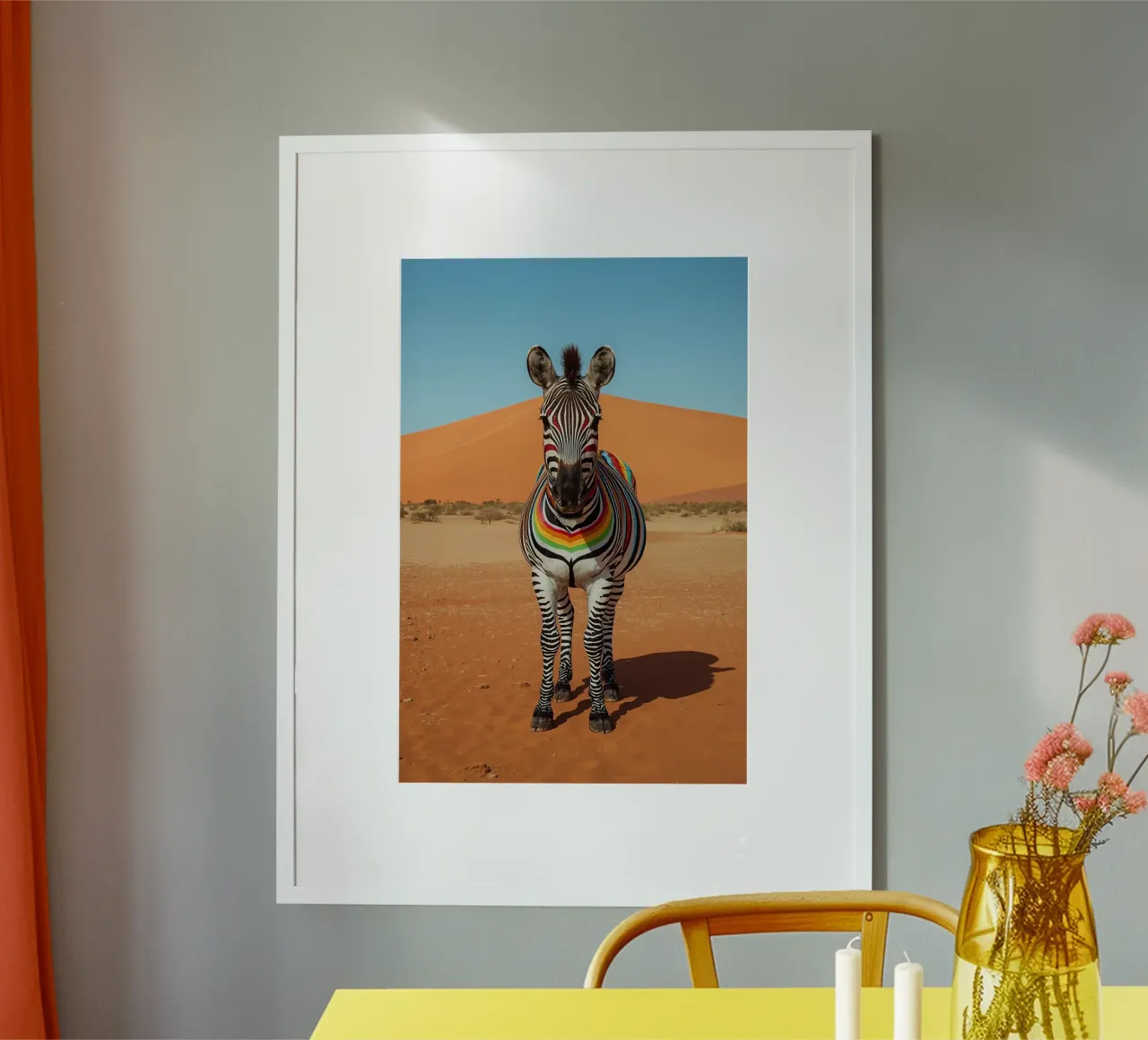 Zebra a strisce arcobaleno in un paesaggio desertico poster con telaio in alluminio da DesignDoodle