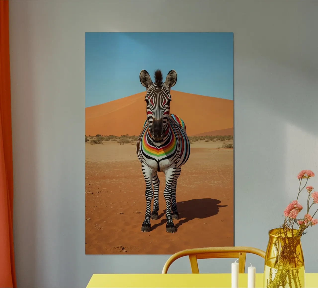 Zebra a strisce arcobaleno in un paesaggio desertico poster con telaio in alluminio da DesignDoodle