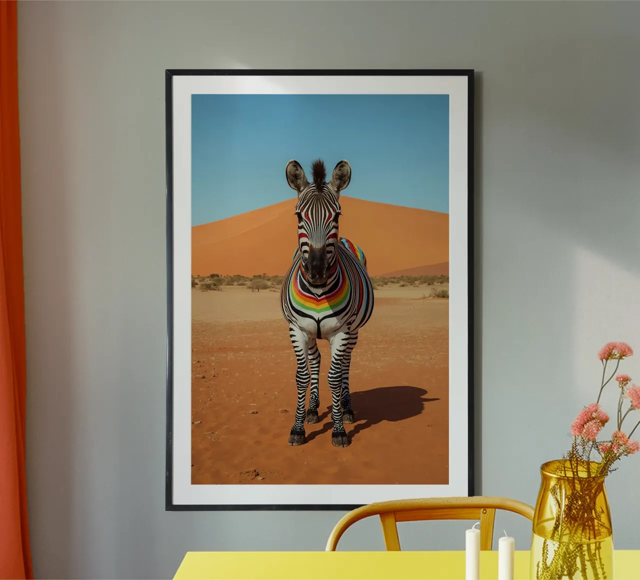 Zebra a strisce arcobaleno in un paesaggio desertico poster con telaio in alluminio da DesignDoodle