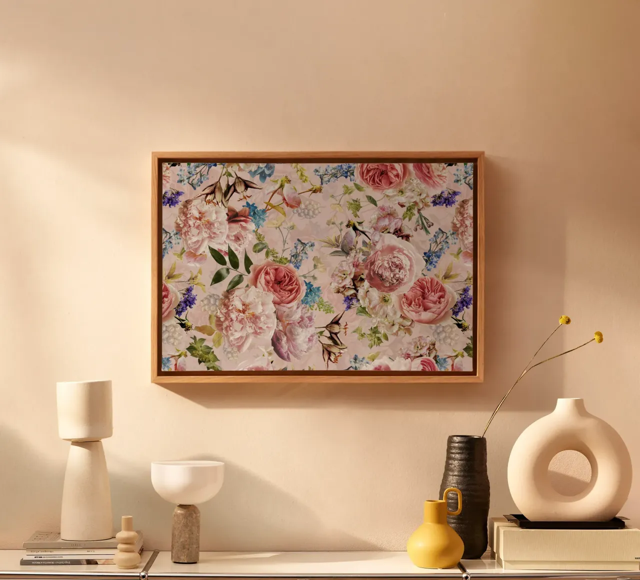 Giardino romantico con peonie e rose in colori pastello tela con Cornice a cassetta da Vintage World - Uta Naumann