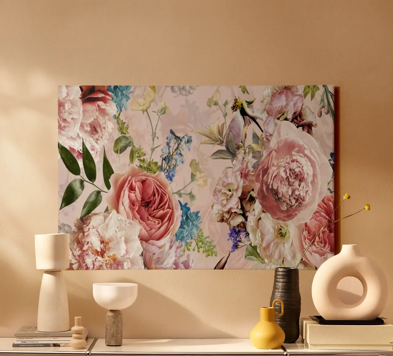 Giardino romantico con peonie e rose in colori pastello tela con Cornice a cassetta da Vintage World - Uta Naumann