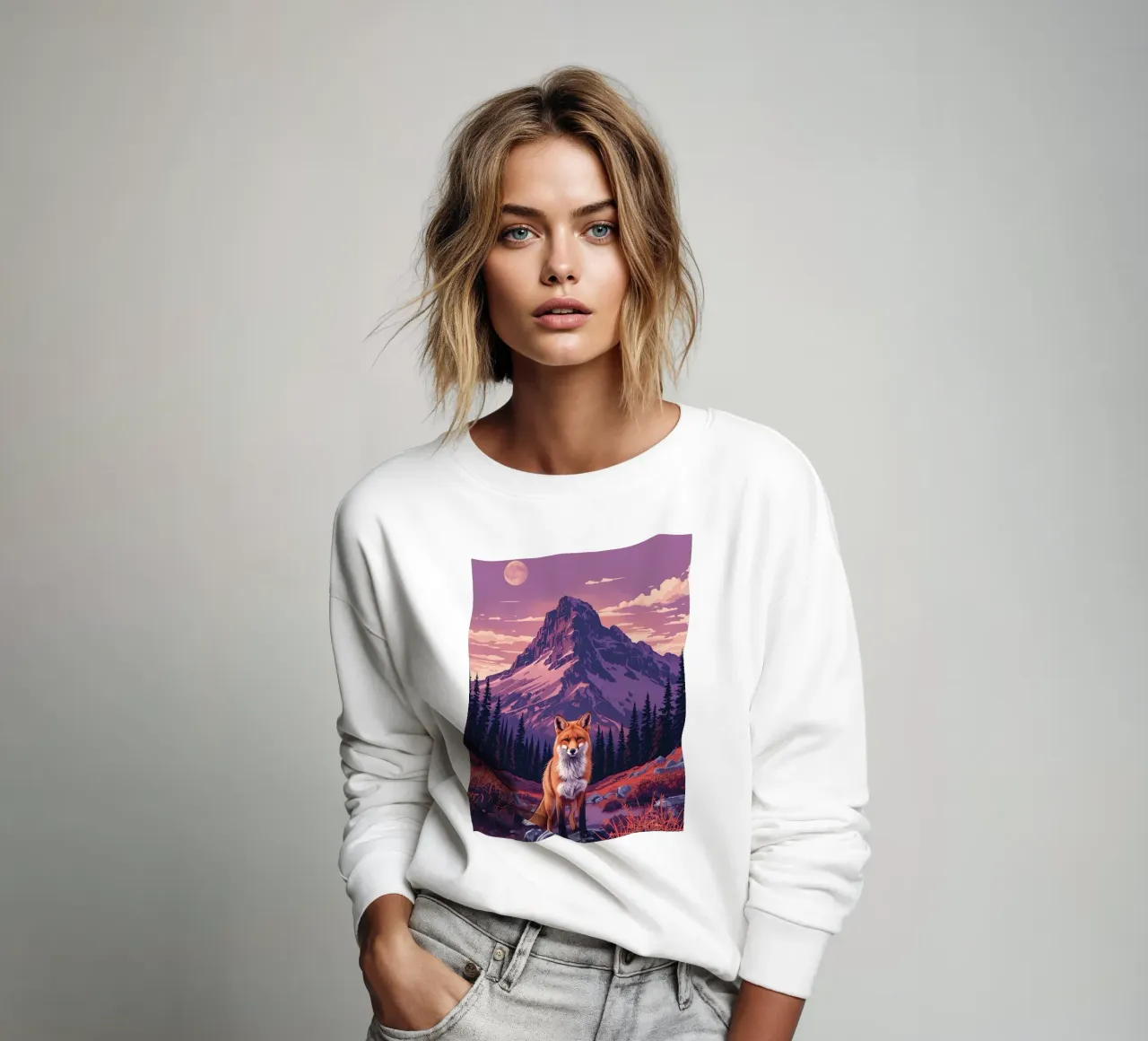 Fox Standing Near Stream with Mountain Backdrop sweatshirt by DesignDoodle