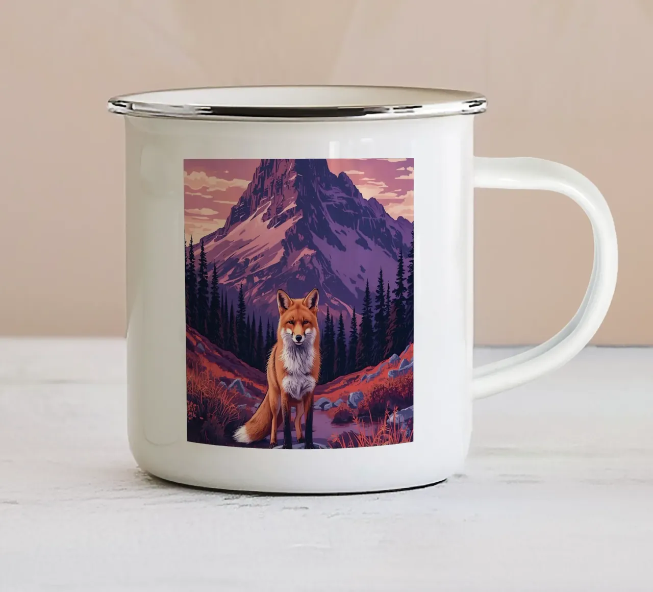 Fox Standing Near Stream with Mountain Backdrop enamel mug by DesignDoodle