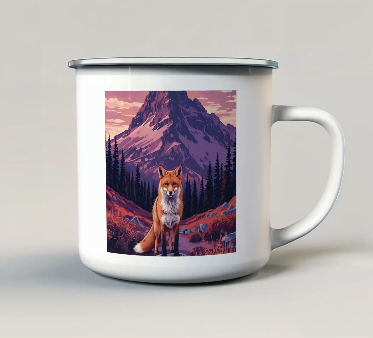Fox Standing Near Stream with Mountain Backdrop enamel mug by DesignDoodle