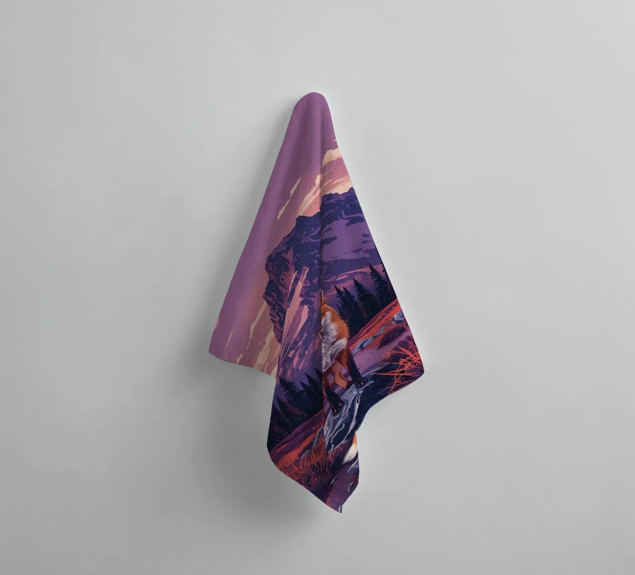 Fox Standing Near Stream with Mountain Backdrop towel by DesignDoodle