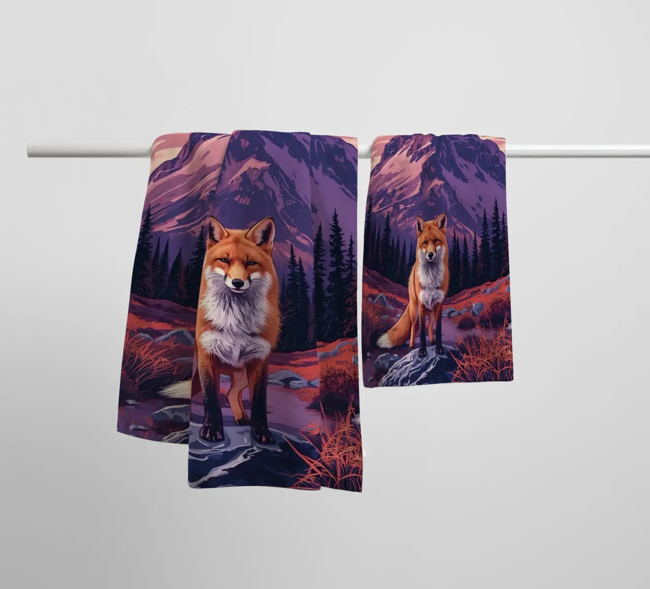 Fox Standing Near Stream with Mountain Backdrop towel by DesignDoodle