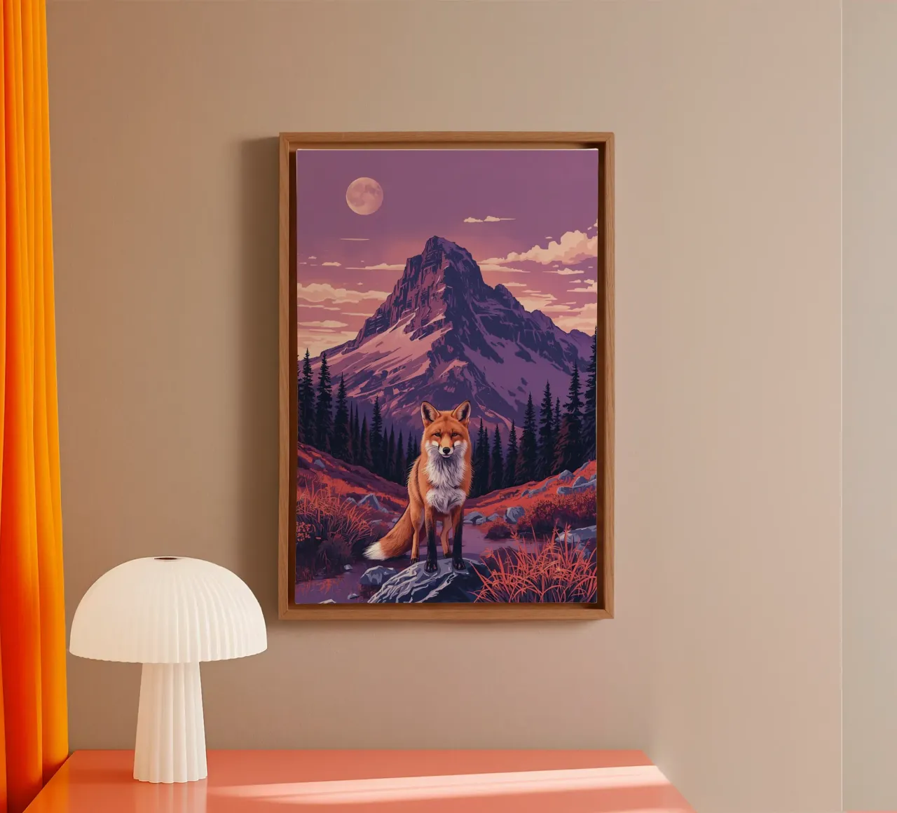 Vos bij beek met berg op achtergrond canvas met Baklijst van DesignDoodle