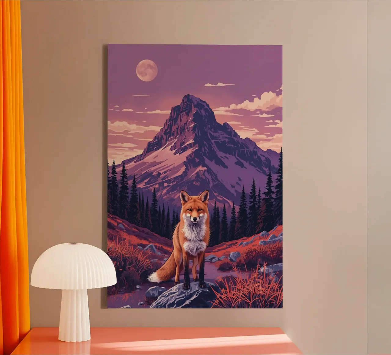 Vos bij beek met berg op achtergrond canvas met Baklijst van DesignDoodle