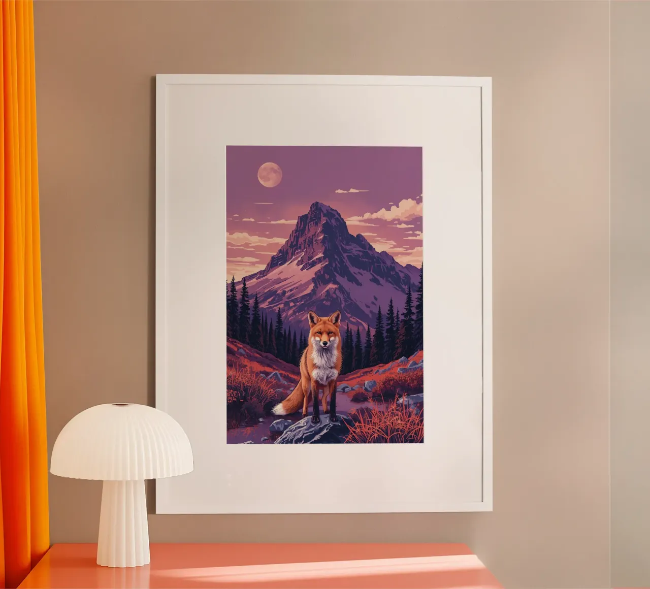 Volpe in piedi vicino al ruscello con sfondo di montagna poster da DesignDoodle