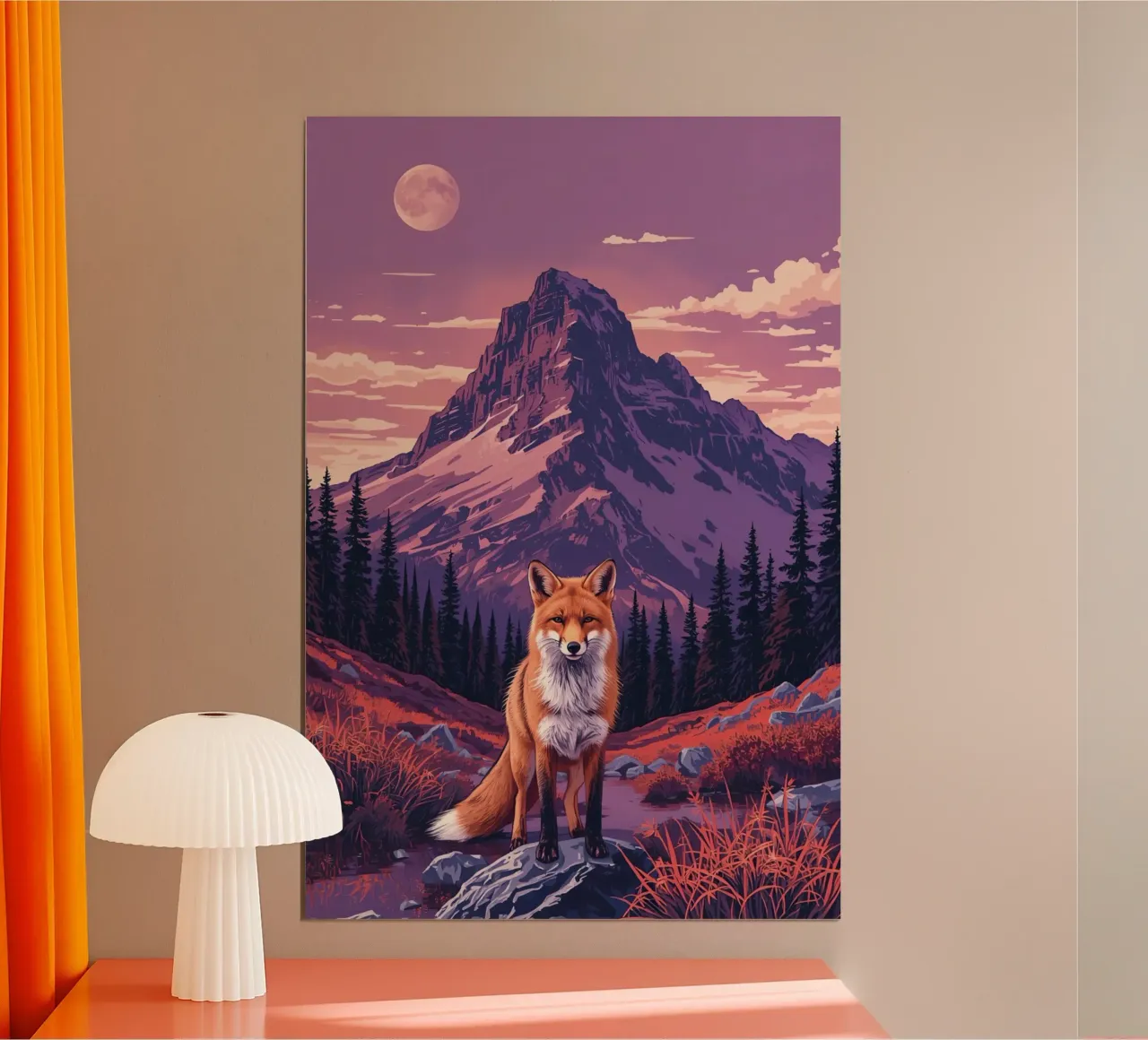 Volpe in piedi vicino al ruscello con sfondo di montagna poster da DesignDoodle