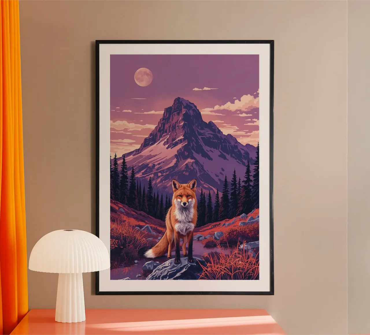 Volpe in piedi vicino al ruscello con sfondo di montagna poster da DesignDoodle