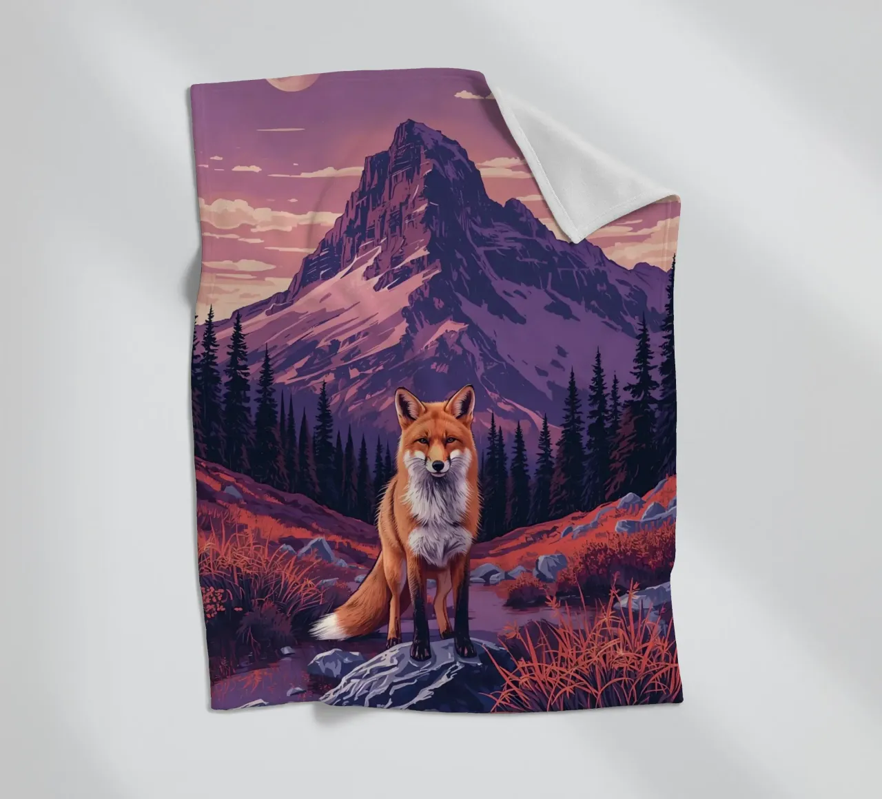Fox Standing Near Stream with Mountain Backdrop fleece blanket by DesignDoodle