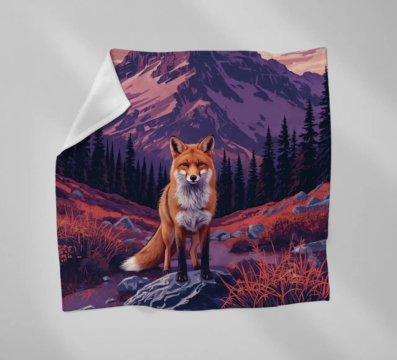 Fox Standing Near Stream with Mountain Backdrop fleece blanket by DesignDoodle